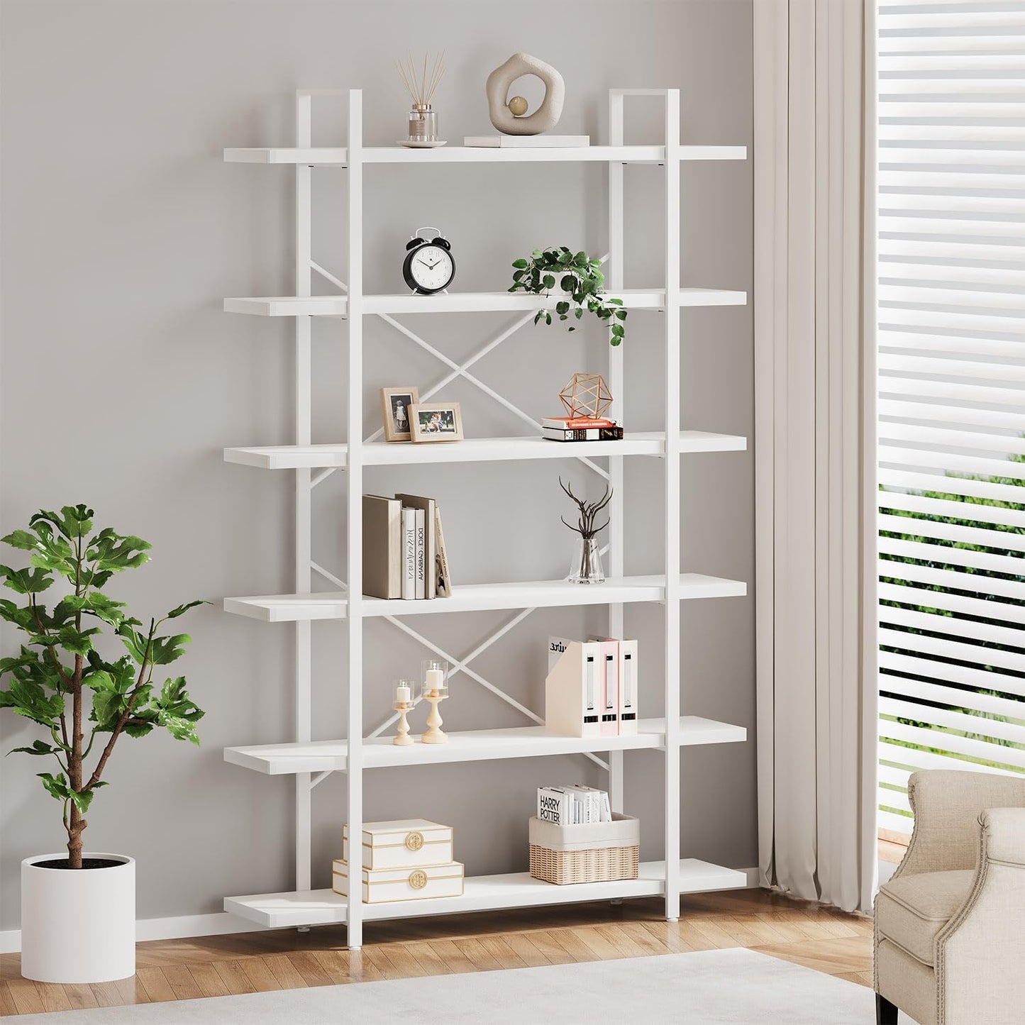 HSH White Bookshelf, 6 Tier Tall Bookcases for Bedroom Living Room Office | Industrial Modern Vertical Metal and Wood Bookcases, Farmhouse 6 Shelf Open Large Storage Book Shelves Display Book Shelf — 6-Tier / White Oak