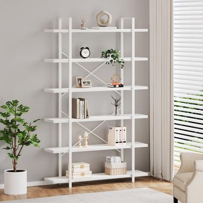 HSH White Bookshelf, 6 Tier Tall Bookcases for Bedroom Living Room Office | Industrial Modern Vertical Metal and Wood Bookcases, Farmhouse 6 Shelf Open Large Storage Book Shelves Display Book Shelf — 6-Tier / White Oak