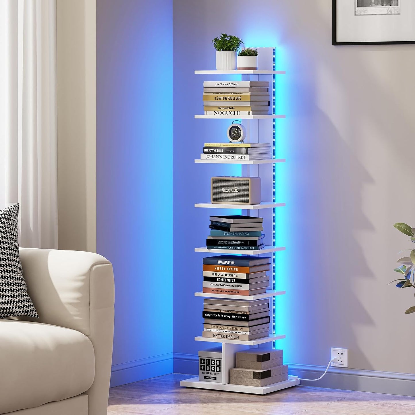 TUTOTAK Book Shelf, Narrow Spine Bookshelf, 8-Tier Bookcase for Small Space | 10.4 x 13.4 x 47.5 Inches Vertical Freestanding Corner Shelf for Living Room, Office, Study, Entryway, Brown BS06BB008 — 8 Tier / White(led Light)