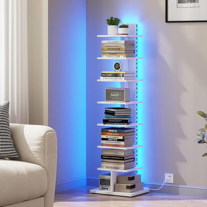 TUTOTAK Book Shelf, Narrow Spine Bookshelf, 8-Tier Bookcase for Small Space | 10.4 x 13.4 x 47.5 Inches Vertical Freestanding Corner Shelf for Living Room, Office, Study, Entryway, Brown BS06BB008 — 8 Tier / White(led Light)