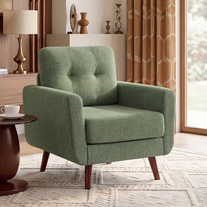 Tbfit Linen Fabric Single Sofa, Accent Chair, Mid Century Modern Armchair for Living Room, Bedroom Button Tufted Upholstered Comfy Reading Sofas, Beige