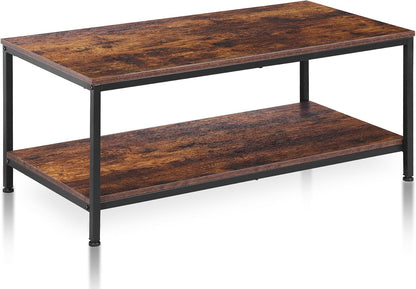 SUPER DEAL 2-Tier Industrial Coffee Table with Storage Shelf for Small Apartment Living Room, Rectangle Wood and Stable Metal TV Stand Side End Table, Rustic Brown — Rustic Brown / 39.4in