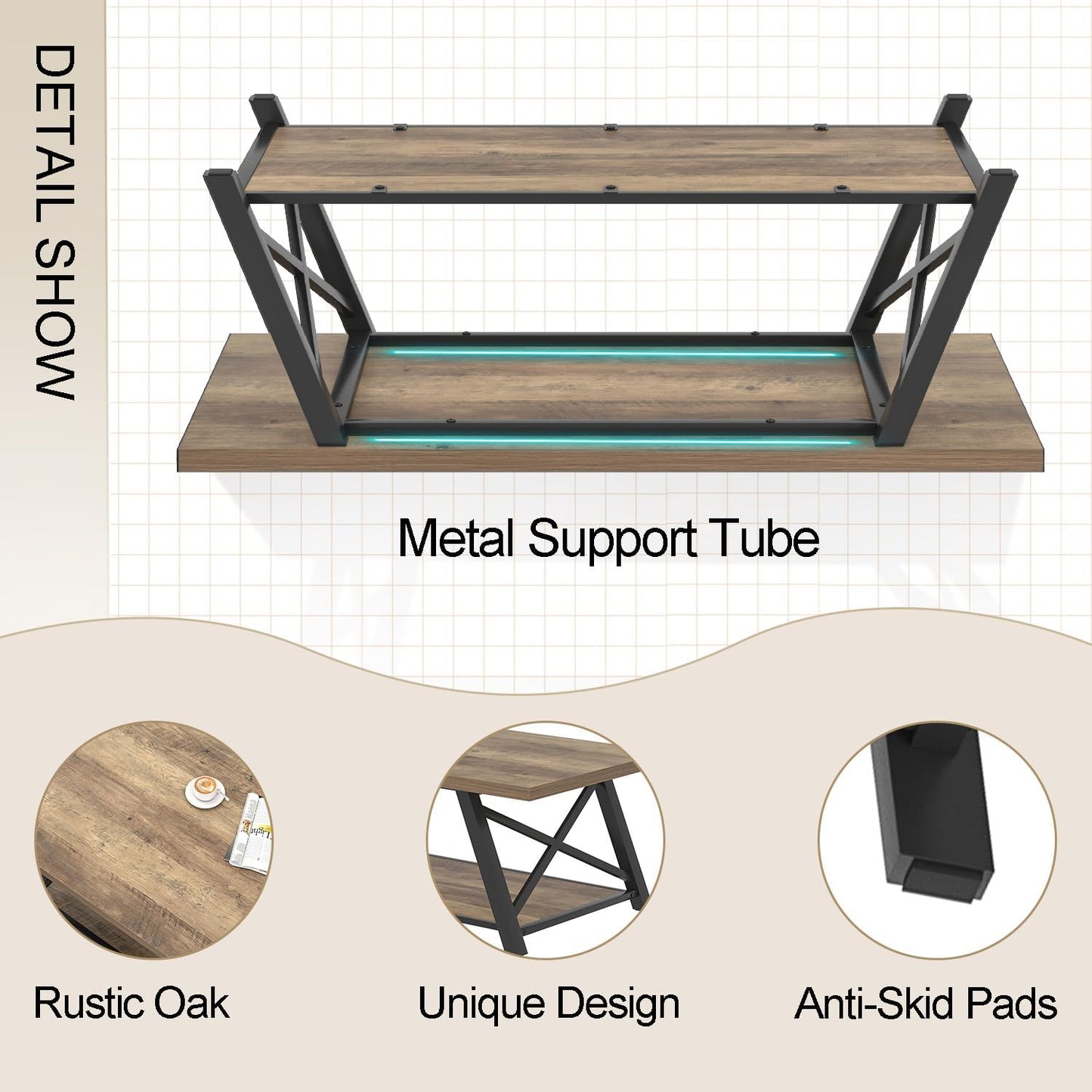 EXCEFUR Modern Coffee Table, Rectangle Center Table for Living Room with Storage Shelf, Industrial Wood and Metal Cocktail Tea Table, Rustic Oak, 47 Inch — Rustic Oak (6)