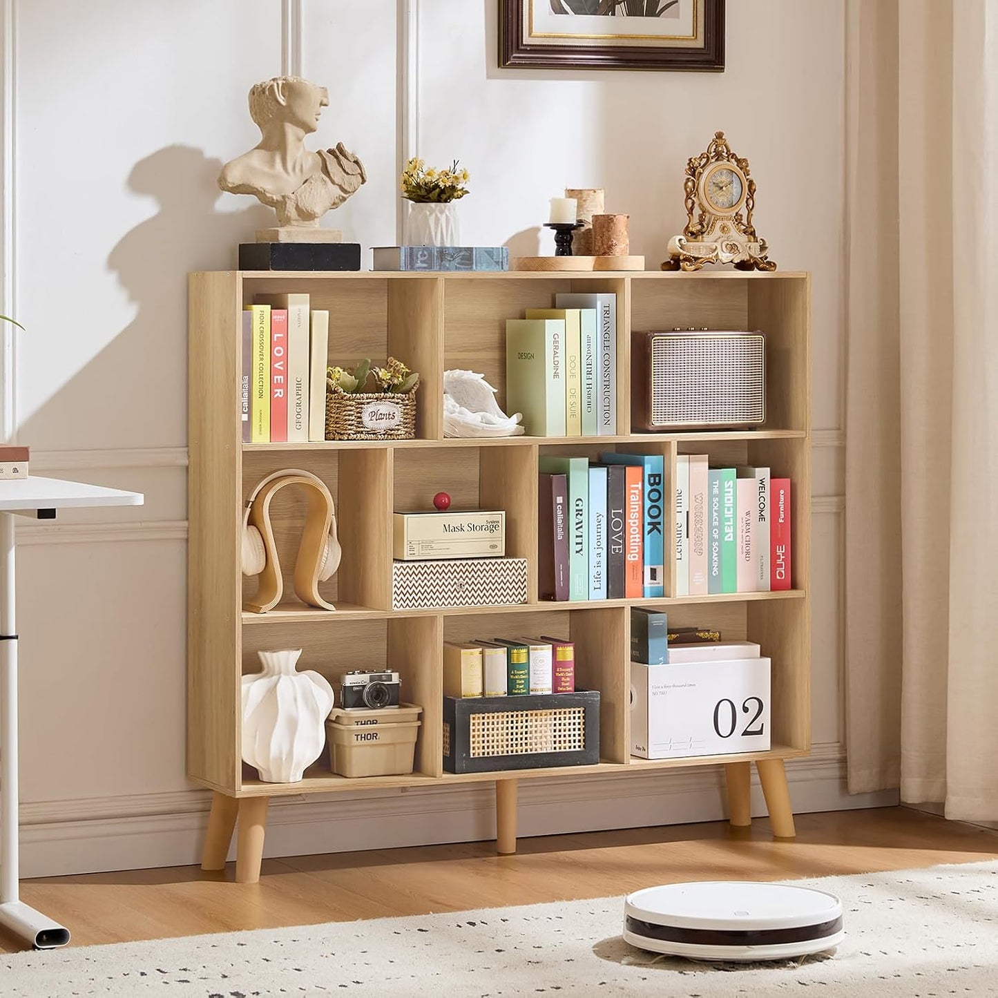 LEYAOYAO Cube Bookshelf 3 Tier Mid-Century Rustic Brown Modern Bookcase with Legs,Retro Wood Bookshelves Storage Organizer Shelf,Freestanding Open Book Shelves for Bedroom,Living Room,Office — Light Wood / 10 Cube with Legs