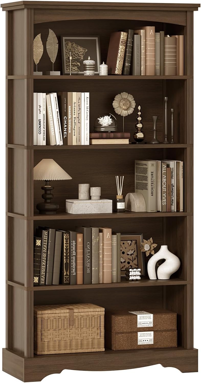 TVU 5-Tier Wooden Bookshelf, 31.5" W x 65" H ×9.9" D Bookshelf with Storage, Floor Standing Modern Style Display Bookcase for Living Room, Office, Study Room, Entryway, Brown — Brown / 5 Tier