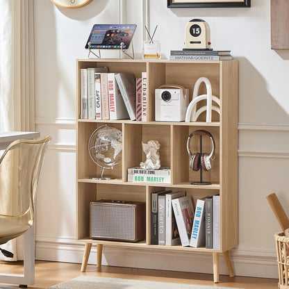 LEYAOYAO Cube Bookshelf 3 Tier Mid-Century Rustic Brown Modern Bookcase with Legs,Retro Wood Bookshelves Storage Organizer Shelf,Freestanding Open Book Shelves for Bedroom,Living Room,Office — Light Wood / 7 Cube with Legs