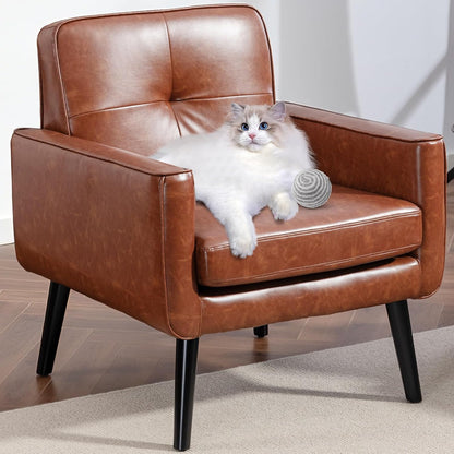 Vogue Furniture Direct Mid Century Accent Chair, PU Leather Modern Chair with Wooden Frame, Cozy Armchair Reading Chair with Comfy Back for Apartment, Living Room, Bedroom, Small Space, Corner, Brown — Brown / 1