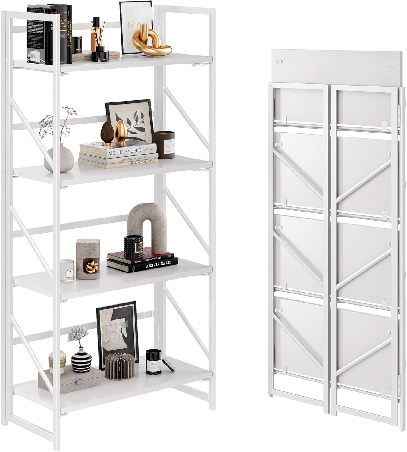 JSB No Assembly Folding Bookshelf, 4 Tier Industrial Metal Book Shelf for Storage, Vintage Wood Foldable Bookcase for Living Room, Bedroom, Office Organization Shelves — All White / Flat Tube 4-Tier