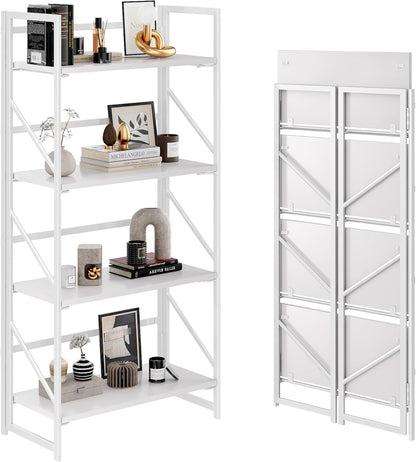 JSB No Assembly Folding Bookshelf, 4 Tier Industrial Metal Book Shelf for Storage, Vintage Wood Foldable Bookcase for Living Room, Bedroom, Office Organization Shelves — All White / Flat Tube 4-Tier