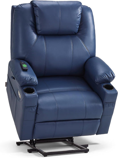 MCombo Electric Power Lift Recliner Chair Sofa with Massage and Heat for Elderly, 3 Positions, 2 Side Pockets, and Cup Holders, USB Ports, Faux Leather 7040 (Grey, Medium) — Small-Wide / Blue