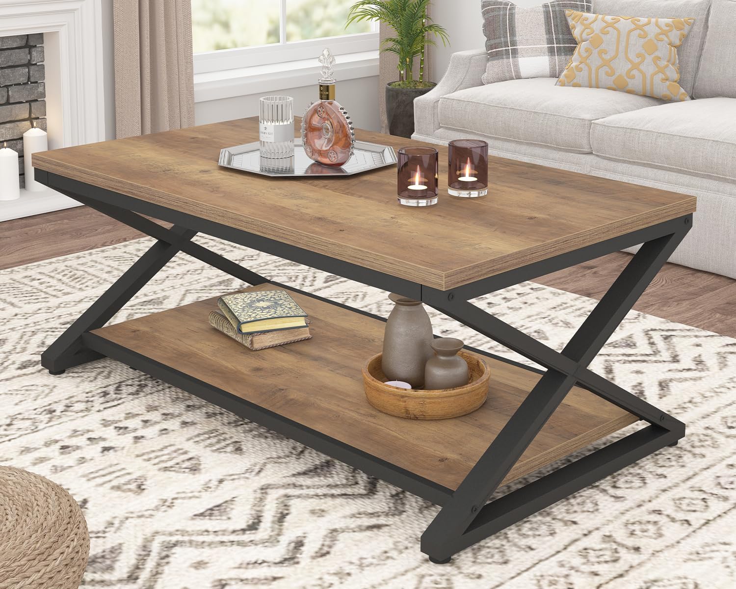 HSH Rustic Farmhouse Coffee Table, Modern Minimalist Wood and Metal Living Room Table, 2 Tie Rectangle Center Table with Storage & Display Shelf, Simple Office Cocktail Tea Table, Rustic Oak, 39 Inch — 39 Inch / Rustic Oak