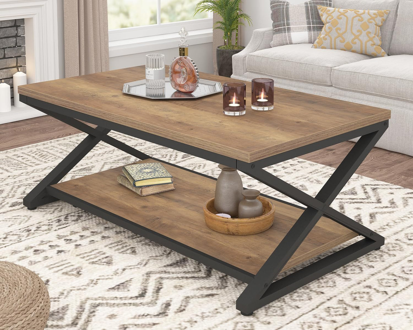 HSH Wood Coffee Table with Storage, Farmhouse Rustic Brown Coffee Table for Living Room, Modern Minimalist 2 Tier Center Table, Simple Rectangle Cocktail Tea Table in Home Office Bedroom, 39 Inch — 39 Inch / Rustic Oak