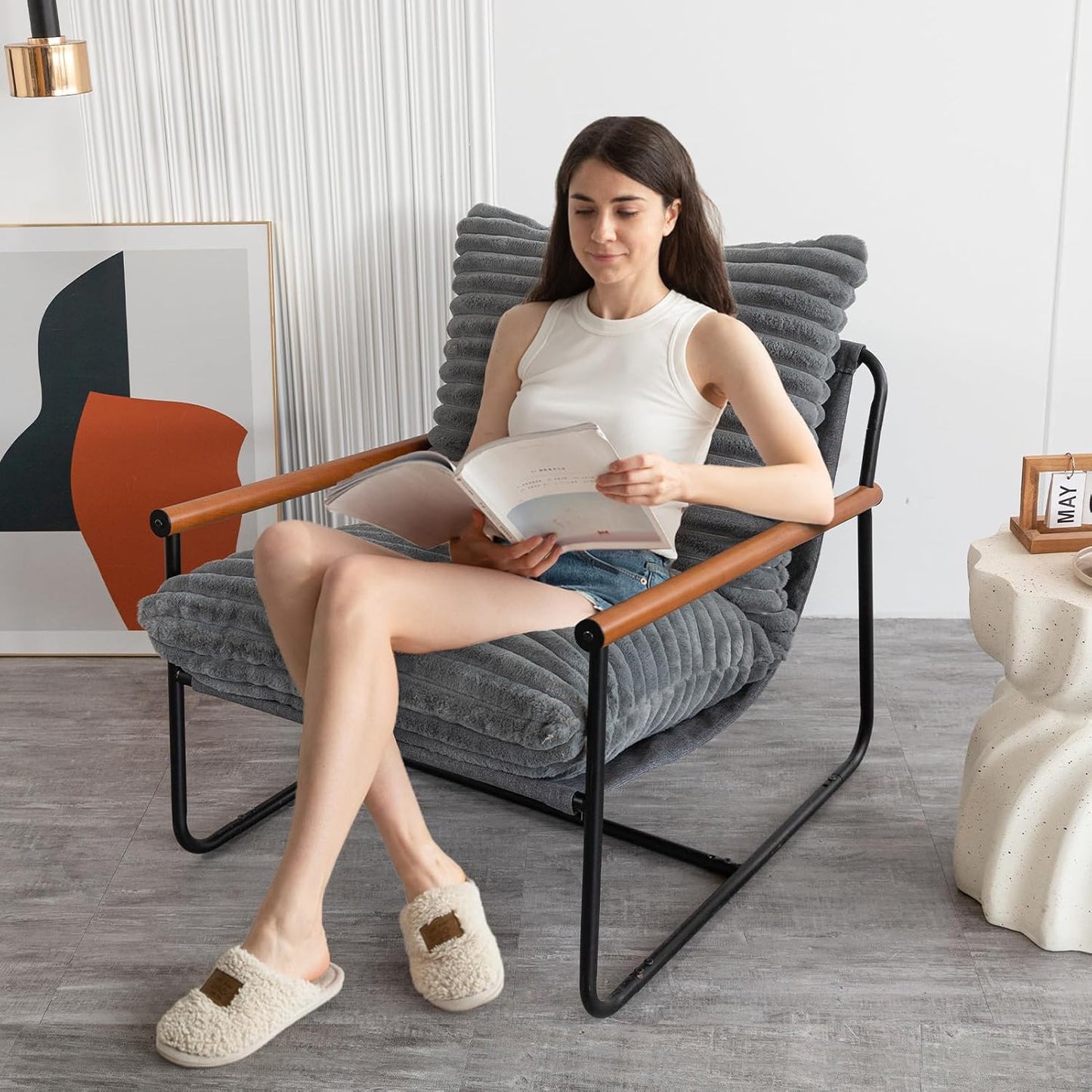 MAXYOYO Accent Chair, Sherpa Arm Chair for Living Room, Mid Century Modern Accent Chairs, Boucle Reading Bedroom Chair, Teddy Armchair, Wooden Arms Metal Frame — Grey (3)