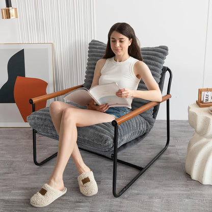 MAXYOYO Accent Chair, Sherpa Arm Chair for Living Room, Mid Century Modern Accent Chairs, Boucle Reading Bedroom Chair, Teddy Armchair, Wooden Arms Metal Frame — Grey (3)