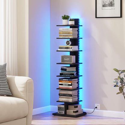 TUTOTAK Book Shelf, Narrow Spine Bookshelf, 8-Tier Bookcase for Small Space | 10.4 x 13.4 x 47.5 Inches Vertical Freestanding Corner Shelf for Living Room, Office, Study, Entryway, Brown BS06BB008 — 8 Tier / Black(led Light)