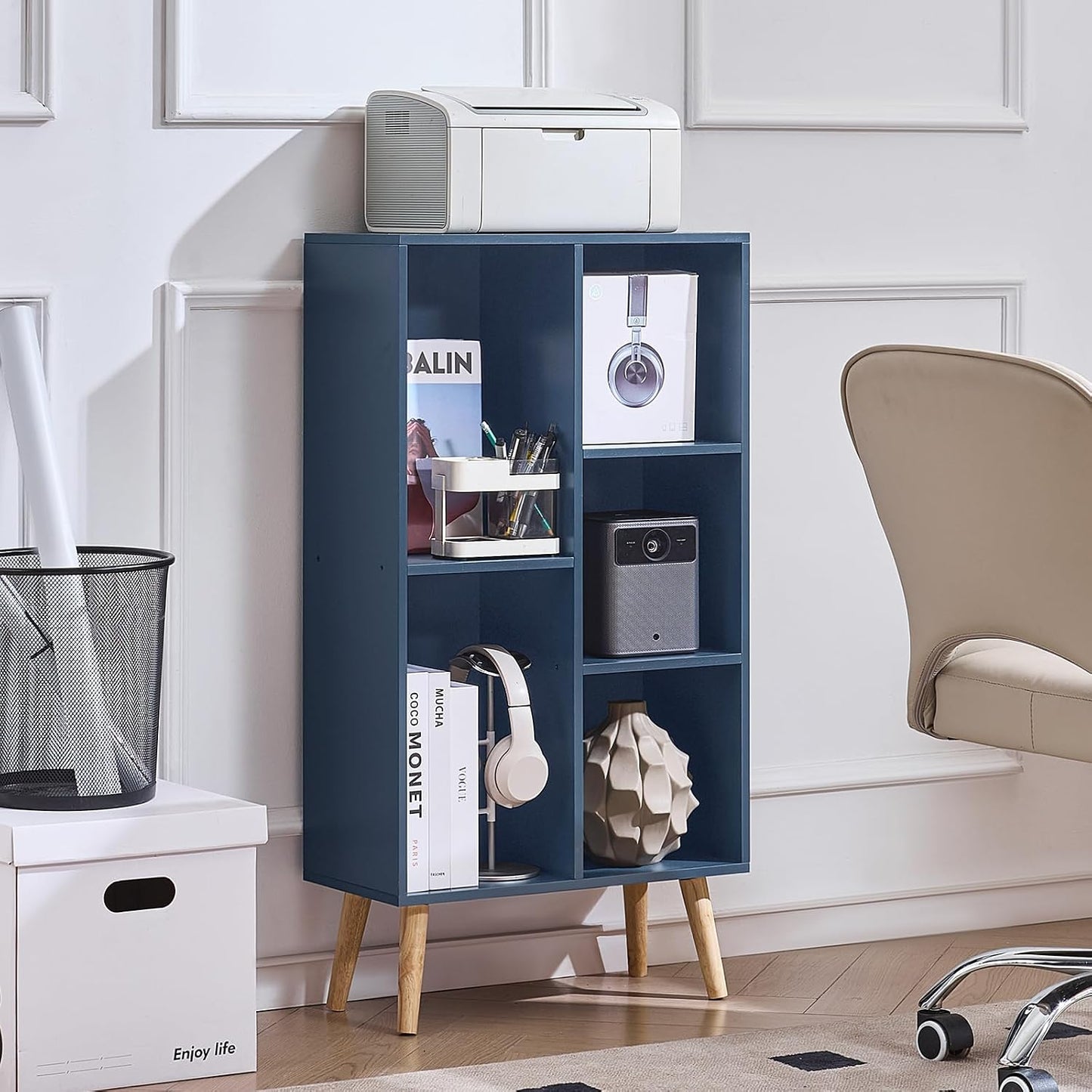 LEYAOYAO Cube Bookshelf 3 Tier Mid-Century Rustic Brown Modern Bookcase with Legs,Retro Wood Bookshelves Storage Organizer Shelf,Freestanding Open Book Shelves for Bedroom,Living Room,Office — Dark Blue / 5 Cube with Legs