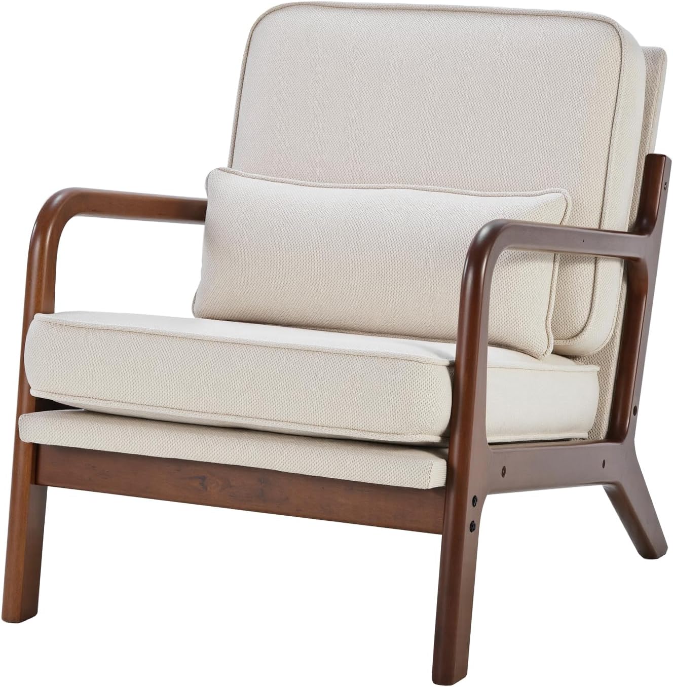 DUMOS Mid Century Modern Accent Chair, Armchair with Lumbar Pillow and Waist Cushion, Solid Wood Frame Lounge Chair for Living Room, Bedroom, Reading Nook, Small Apartment Corner, Ivory White — Linen Beige / 1 Pack