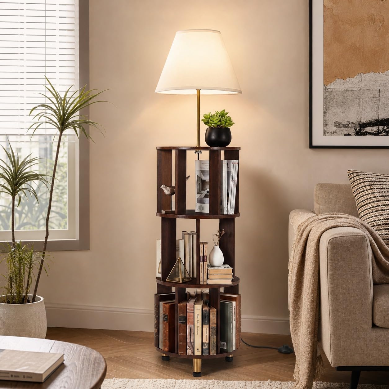 Tribesigns 62.2'' Wood Bookcase with Light, 4 Tier Bookshelf Floor Lamp | Modern Freestanding Storage Shelf with Linen Fabric Shade, Corner Bookcase with Reading Light for Living Room, Bedroom