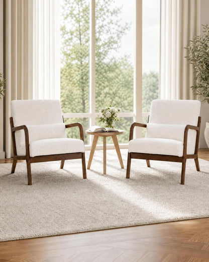 Garvee Mid-Century Chenille Accent Chair, Cozy Reading Chair, Modern Lounge Armchair with Lumbar Pillow, Solid Wood Frame, for Living Room, Bedroom, Office, Beige