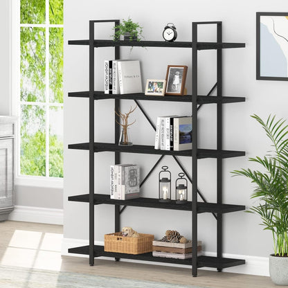 HSH White Bookshelf, 6 Tier Tall Bookcases for Bedroom Living Room Office | Industrial Modern Vertical Metal and Wood Bookcases, Farmhouse 6 Shelf Open Large Storage Book Shelves Display Book Shelf — 5-Tier / Black Oak