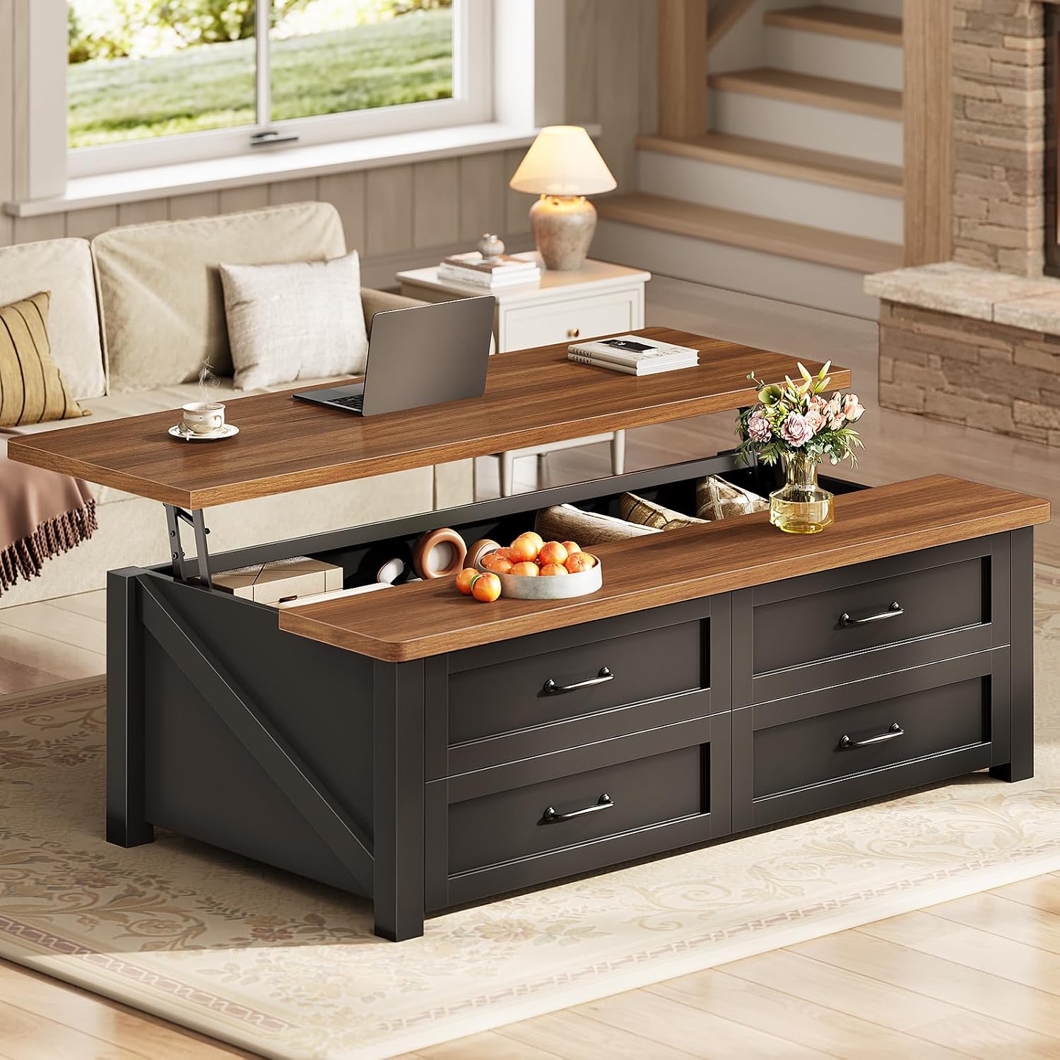 Itaar 47.2" Lift Top Coffee Table with Storage, Farmhouse Coffee Tables for Living Room with 4 Wood Drawers & Large Hidden Storage Space, Center Table for Living Room, Black + Brown — Black + Brown / 4 Drawers