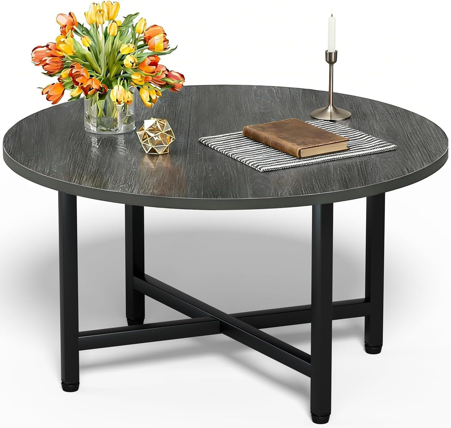 FAMIDGE Coffee Table, 23.6" Coffee Tables for Living Room, Round Coffee Table with Metal Frame, Floor Table for Sitting on The Floor, Home, Office, Black — Style4 Gray(23.6dx17.7h) / 1 Tier