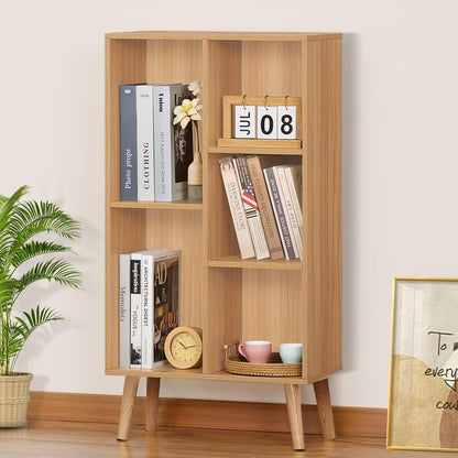 LEYAOYAO Cube Bookshelf 3 Tier Mid-Century Rustic Brown Modern Bookcase with Legs,Retro Wood Bookshelves Storage Organizer Shelf,Freestanding Open Book Shelves for Bedroom,Living Room,Office — Natural / 5 Cube with Legs