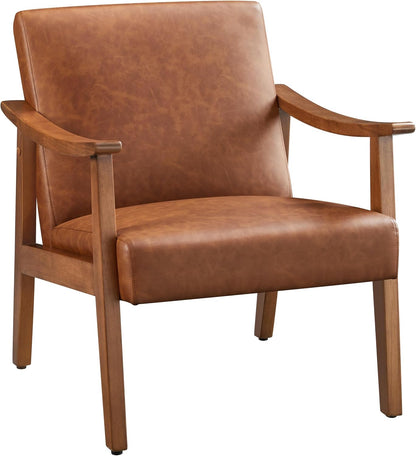 Yaheetech Corduroy Accent Chair, Mid-Century Modern Armchair with Solid Wood Legs, Reading Leisure Chair with High Back for Living Room Bedroom Waiting Room Dark Green — Light Brown / Faux Leather