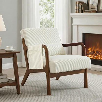 DUMOS Mid Century Modern Accent Chair, Upholstered Armchair with Lumbar Pillow and Solid Wood Frame, Comfy Reading Chair for Small Living Room, Bedroom, Guest Room, Navy Blue — Beige / 1 PC