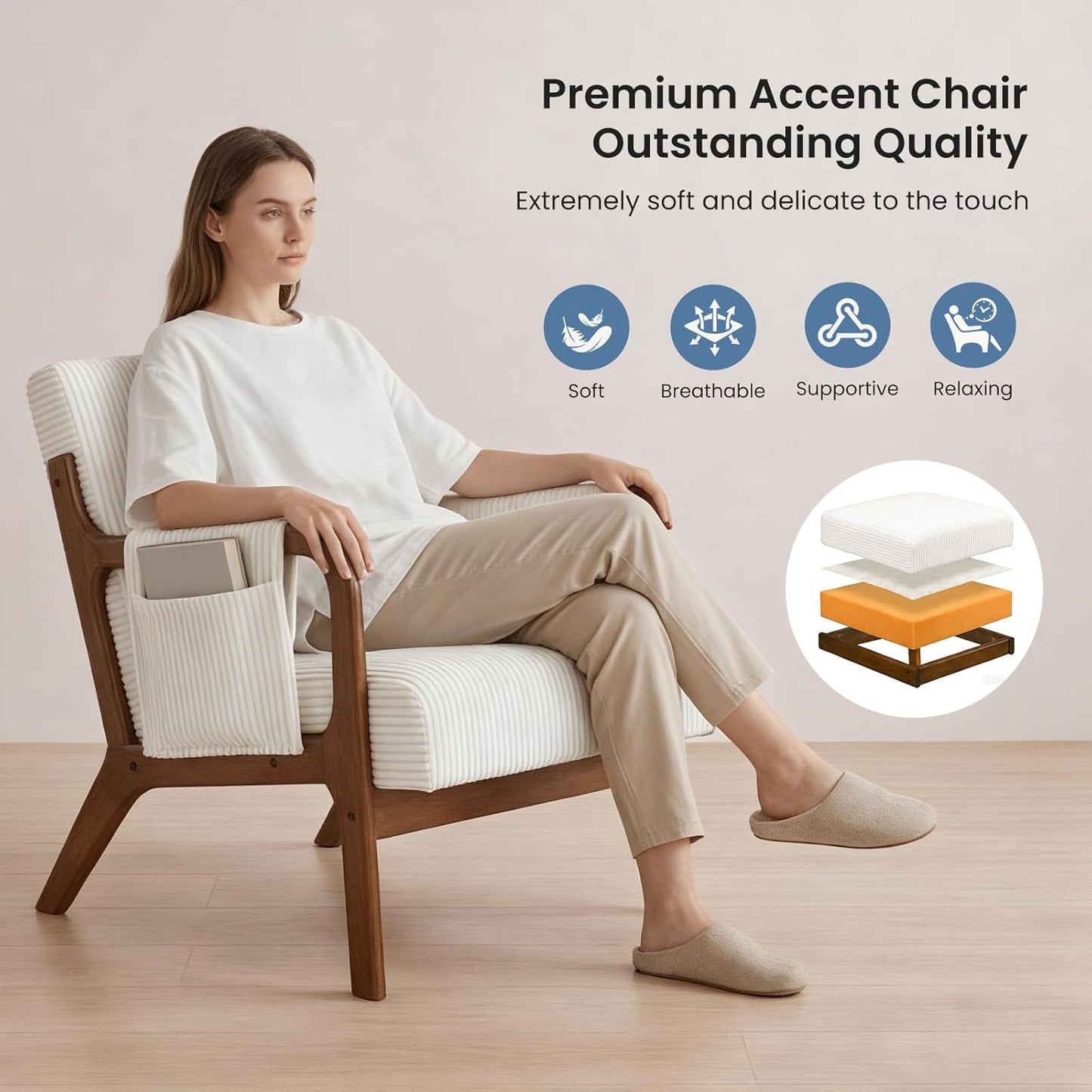 DUMOS Mid Century Modern Accent Chair, Upholstered Armchair with Lumbar Pillow and Solid Wood Frame, Comfy Reading Chair for Small Living Room, Bedroom, Guest Room, Navy Blue — Beige / 1 PC (3)