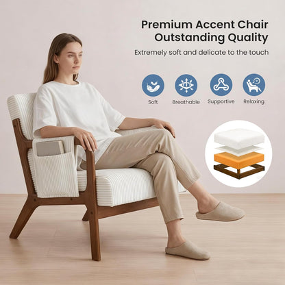 DUMOS Mid Century Modern Accent Chair, Upholstered Armchair with Lumbar Pillow and Solid Wood Frame, Comfy Reading Chair for Small Living Room, Bedroom, Guest Room, Navy Blue — Beige / 1 PC (3)