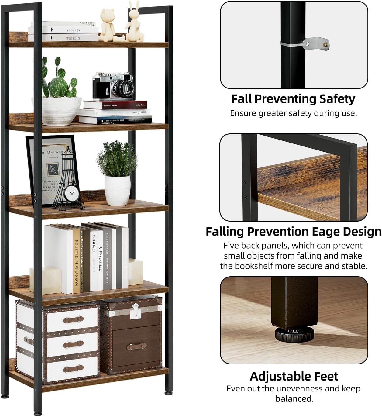 NUMENN Bookshelf, 5 Tier Bookshelves, Home Office Bookcase Shelf Storage Organizer, Free Standing Storage Shelving Unit for Bedroom, Living Room and Home Office, Vintage — 5 Tier(Wide) / Vintage (6)