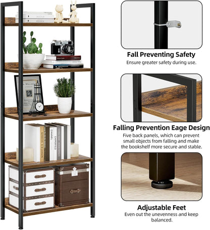 NUMENN Bookshelf, 5 Tier Bookshelves, Home Office Bookcase Shelf Storage Organizer, Free Standing Storage Shelving Unit for Bedroom, Living Room and Home Office, Vintage — 5 Tier(Wide) / Vintage (6)