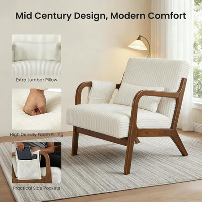 DUMOS Mid Century Modern Accent Chair, Upholstered Armchair with Lumbar Pillow and Solid Wood Frame, Comfy Reading Chair for Small Living Room, Bedroom, Guest Room, Navy Blue — Beige / 1 PC (4)