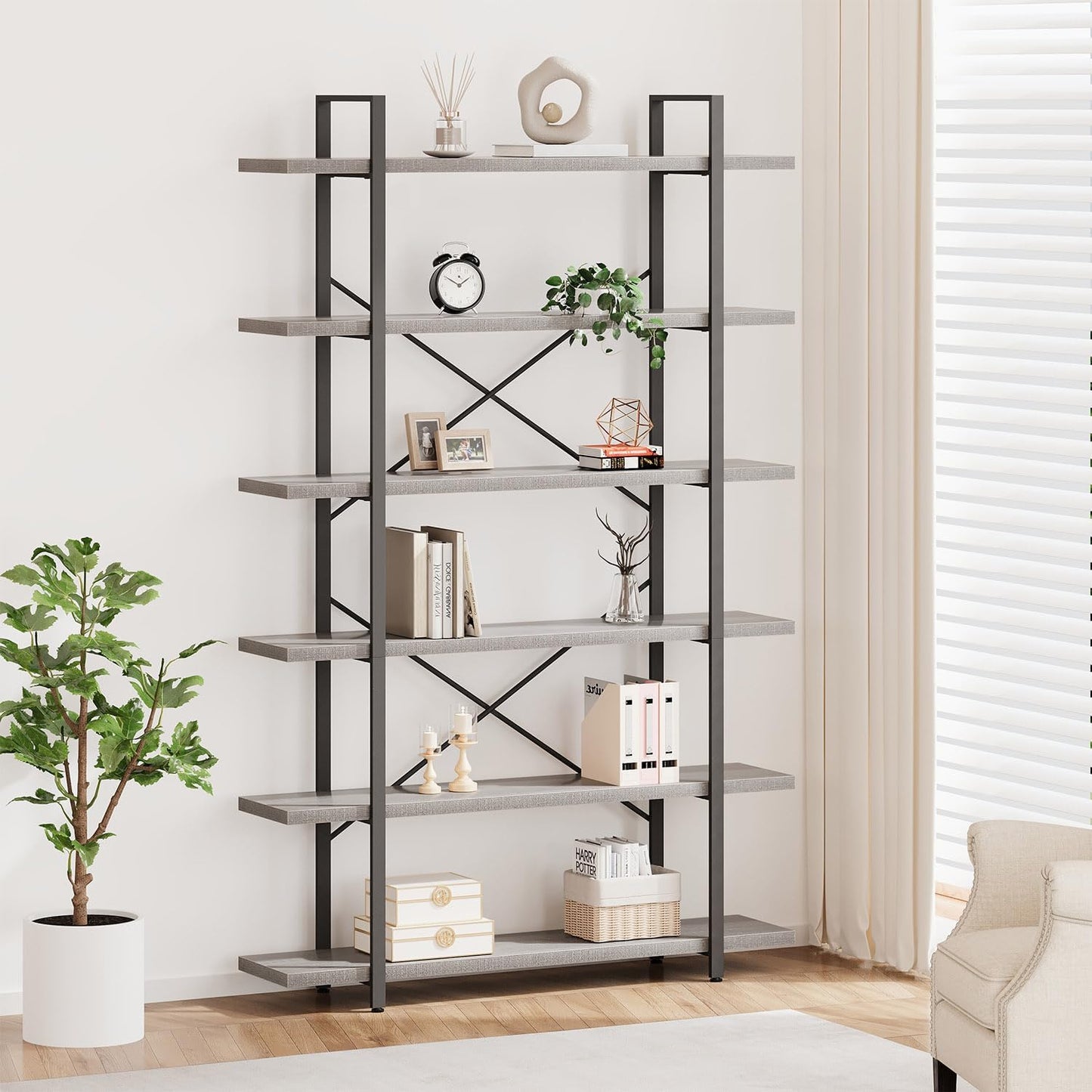 HSH White Bookshelf, 6 Tier Tall Bookcases for Bedroom Living Room Office | Industrial Modern Vertical Metal and Wood Bookcases, Farmhouse 6 Shelf Open Large Storage Book Shelves Display Book Shelf — 6-Tier / Light Grey Oak