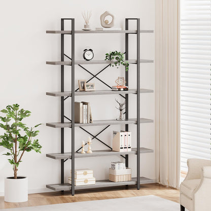 HSH White Bookshelf, 6 Tier Tall Bookcases for Bedroom Living Room Office | Industrial Modern Vertical Metal and Wood Bookcases, Farmhouse 6 Shelf Open Large Storage Book Shelves Display Book Shelf — 6-Tier / Light Grey Oak