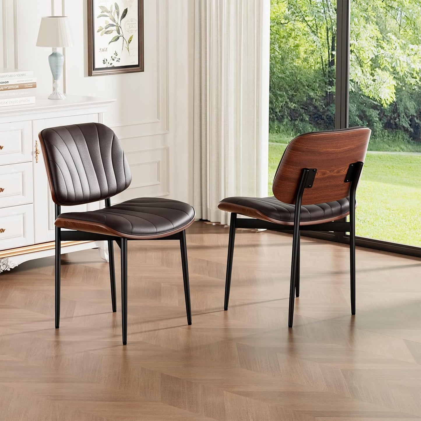 Dining Chairs Set of 4, Mid-Century Modern Upholstered PU Leather Chairs | with Walnut Bentwood Back and Metal Legs Adjustable Feet for Kitchen Dining Room, Black Shell Strips — Dark Brown Shell Strips / 2