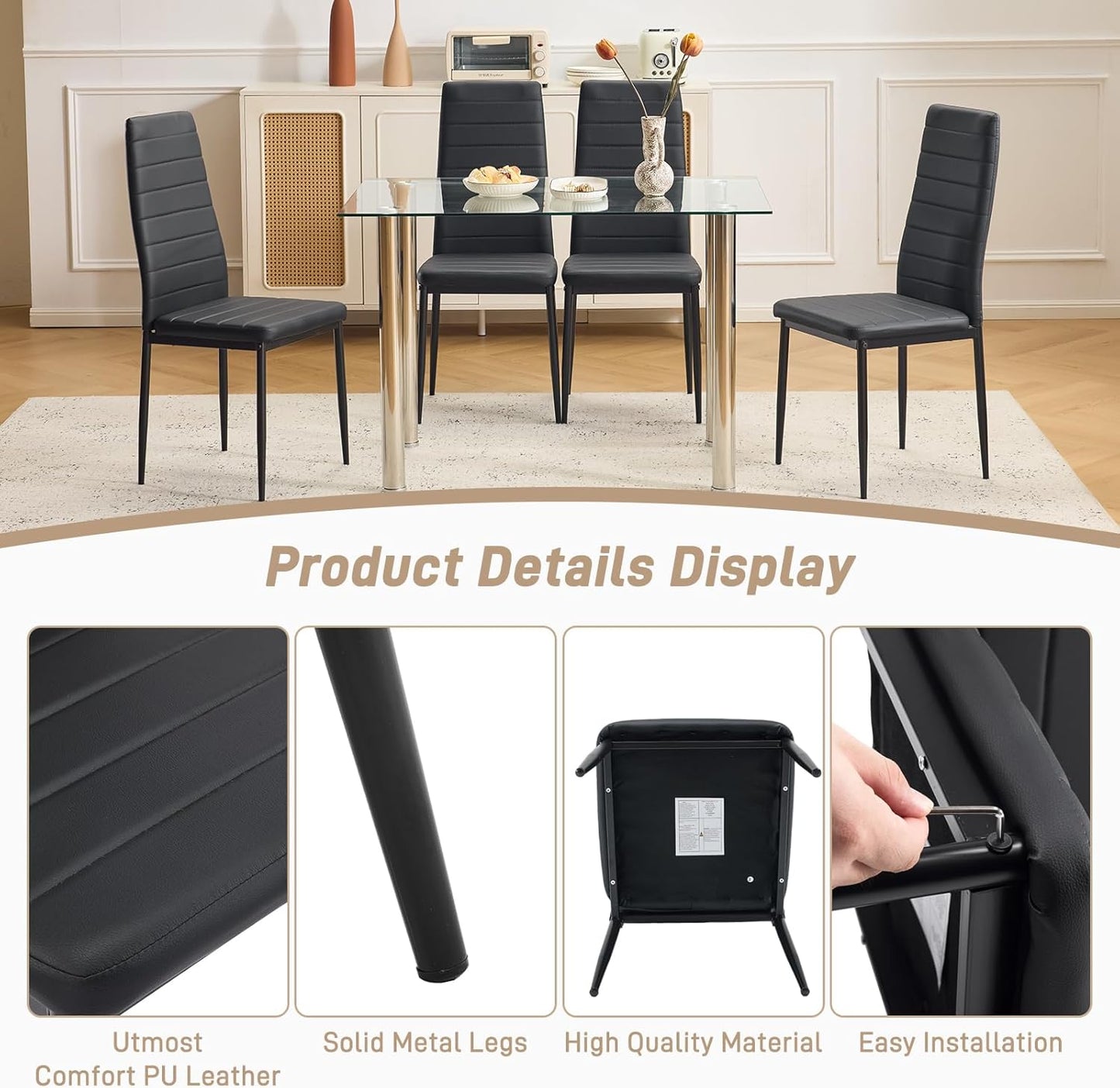 Karl home Dining Chairs Set of 4, PU Leather & High Back, Black | Black kitchen chairs with padded seats & foot cap protection for dining kitchen living room,300lbs capacity,space-saving — Black / Set of 4 (3)
