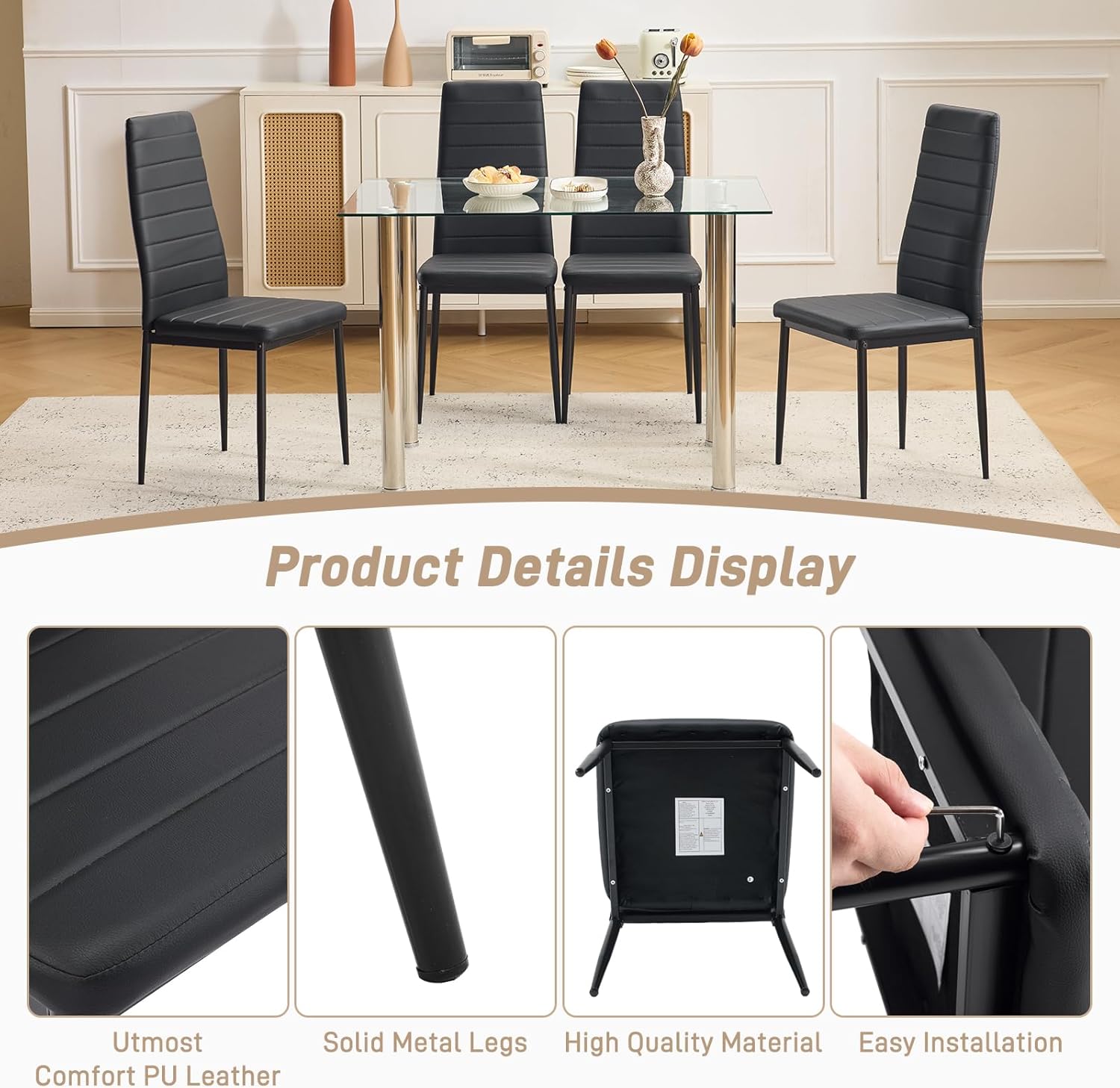 Karl home Dining Chairs Set of 4, PU Leather & High Back, Black | Black kitchen chairs with padded seats & foot cap protection for dining kitchen living room,300lbs capacity,space-saving — Black / Set of 4 (3)