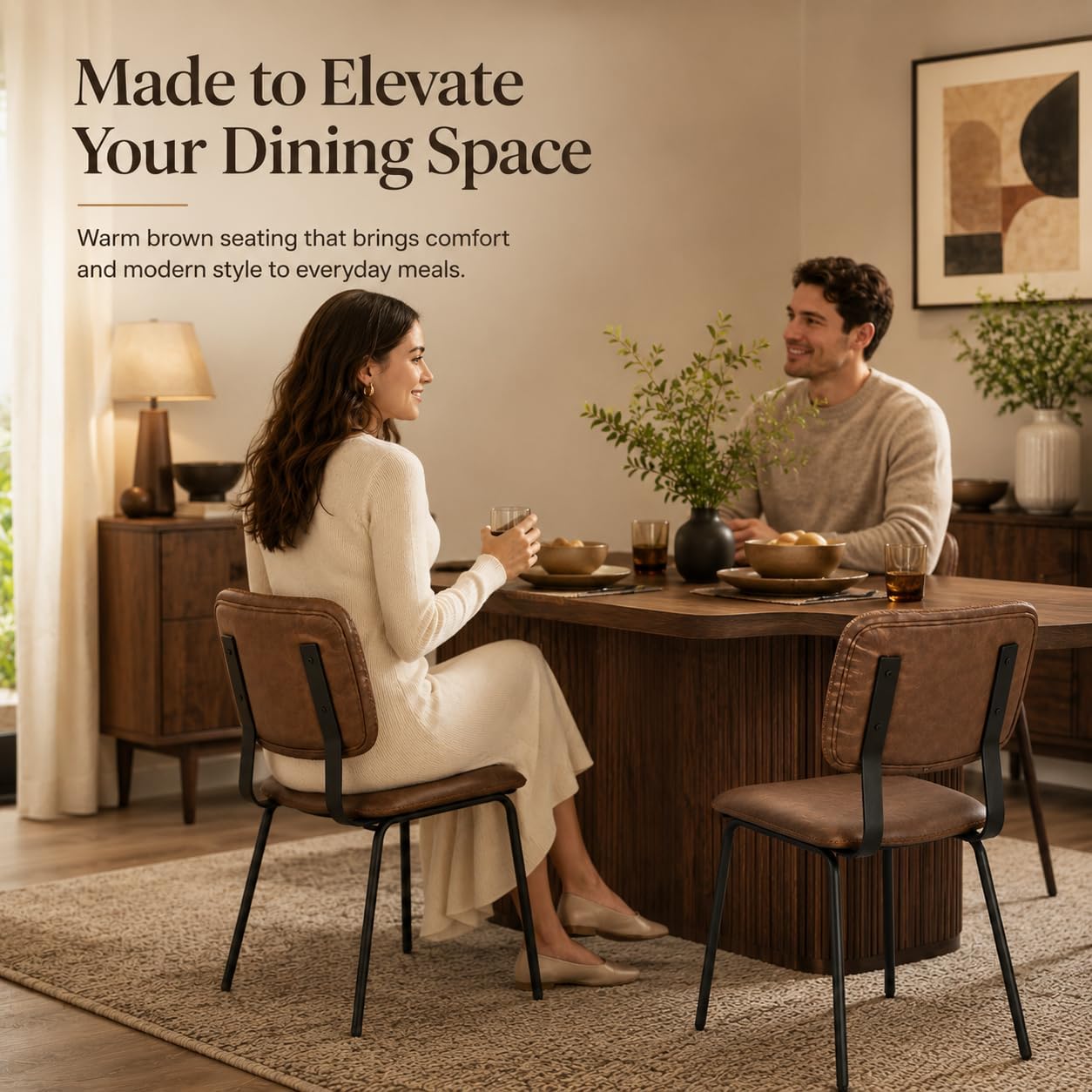 Brown Dining Chairs Set of 2, Faux Leather Upholstered Kitchen & Dining Room Chairs with Back, Modern Armless Side Chairs with Black Metal Legs for Dining Room, Kitchen, Vanity, Guest Room
