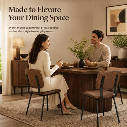Brown Dining Chairs Set of 2, Faux Leather Upholstered Kitchen & Dining Room Chairs with Back, Modern Armless Side Chairs with Black Metal Legs for Dining Room, Kitchen, Vanity, Guest Room