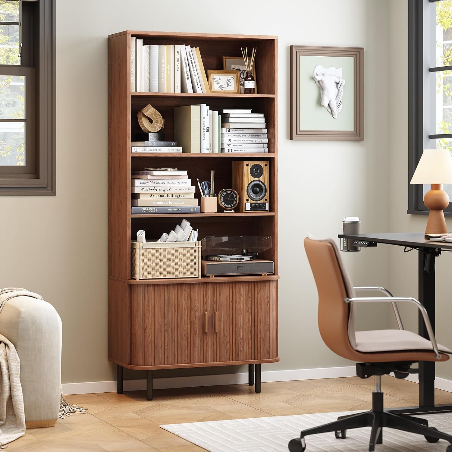 ONBRILL 71" Tall Bookshelf, 4-Tier Bookcase with Storage Cabinet & Adjustable Storage Shelf, Freestanding Wood Bookshelf with Sliding Door and Adjustable Footpad, for Home Office, Living Room, Walnut — Walnut (7)