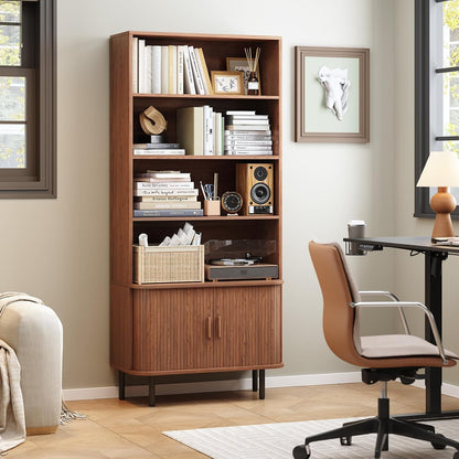 ONBRILL 71" Tall Bookshelf, 4-Tier Bookcase with Storage Cabinet & Adjustable Storage Shelf, Freestanding Wood Bookshelf with Sliding Door and Adjustable Footpad, for Home Office, Living Room, Walnut — Walnut (7)