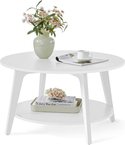 VASAGLE MAEZO Collection - Round Coffee Table, 2-Tier Center Table with Storage, Tapered Legs, Curved Transitions, 31.5 Dia. x 17.7 H Inches, Easy Assembly, for Living Room, Honey Brown ULCT243K41 — Snow White