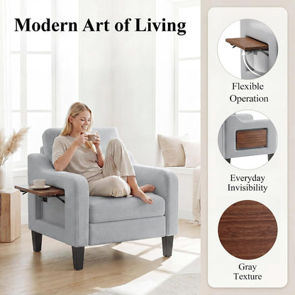 Accent Chair for Living Room, Mid-Century Upholstered Armchair with Foldable Table & 2 Side Pockets, Modern Linen Wooden Sofa Chair for Bedroom & Reading Room, Light Grey — Light Grey / 1 (6)