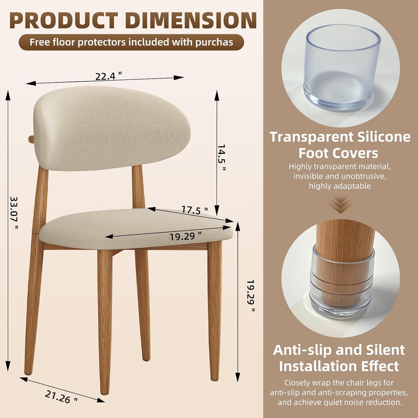 Dining Chairs Set of 4, Modern Fabric Upholstered Dining Room Chair MetalKitchen Chairs, Farmhouse Dinner Chair for Kitchen Dining Room, Beige — Beige Seat /Wood-grain Metal Legs / 4 (2)