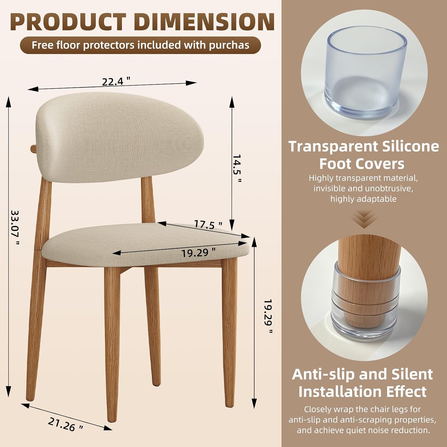 Dining Chairs Set of 4, Modern Fabric Upholstered Dining Room Chair MetalKitchen Chairs, Farmhouse Dinner Chair for Kitchen Dining Room, Beige — Beige Seat /Wood-grain Metal Legs / 4 (2)