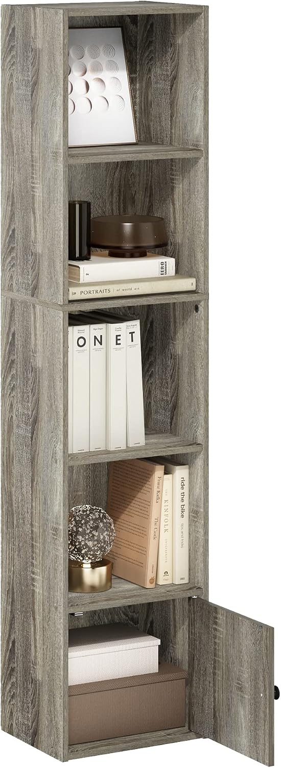 Furinno LUDER Book Shelf, 5-Cube Bookshelf, Reversible Bookcase, 9.4 x 19.5 x 31.5, Easy Assembly, for Living Room, Bedroom, Home Office, White — French Oak / 5-Cube with Cabinet