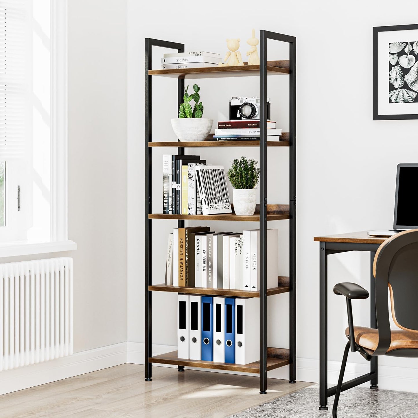 NUMENN Bookshelf, 5 Tier Bookshelves, Home Office Bookcase Shelf Storage Organizer, Free Standing Storage Shelving Unit for Bedroom, Living Room and Home Office, Vintage — 5 Tier(Wide) / Vintage (4)