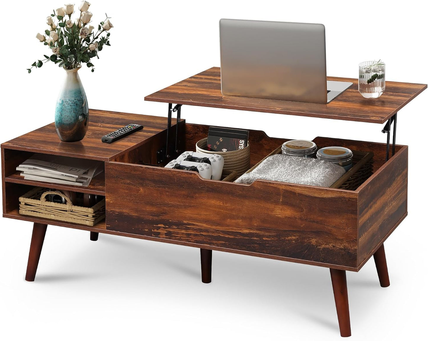 WLIVE Coffee Table with Lifting Top, Hidden Storage & Adjustable Shelf for Living Room Small Space, Multifunctional Rising Wooden Center Table, Mid Century Modern Tables for Home Dining Office, Brown